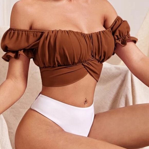 SHEIN Tops - NWOT SHEIN Ruched Bust Tie Back Bardot Crop Top